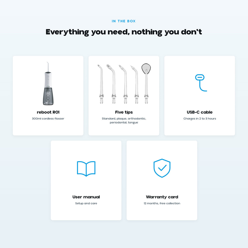 reboot R01 box contents, flosser five tips USB-C cable manual warranty card