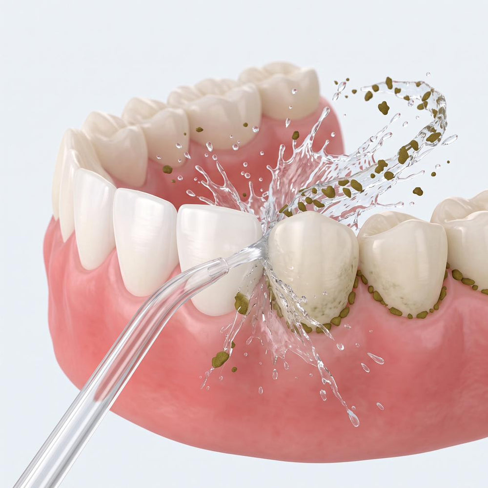 reboot R01 water flosser clearing food debris and plaque from the gumline and between teeth