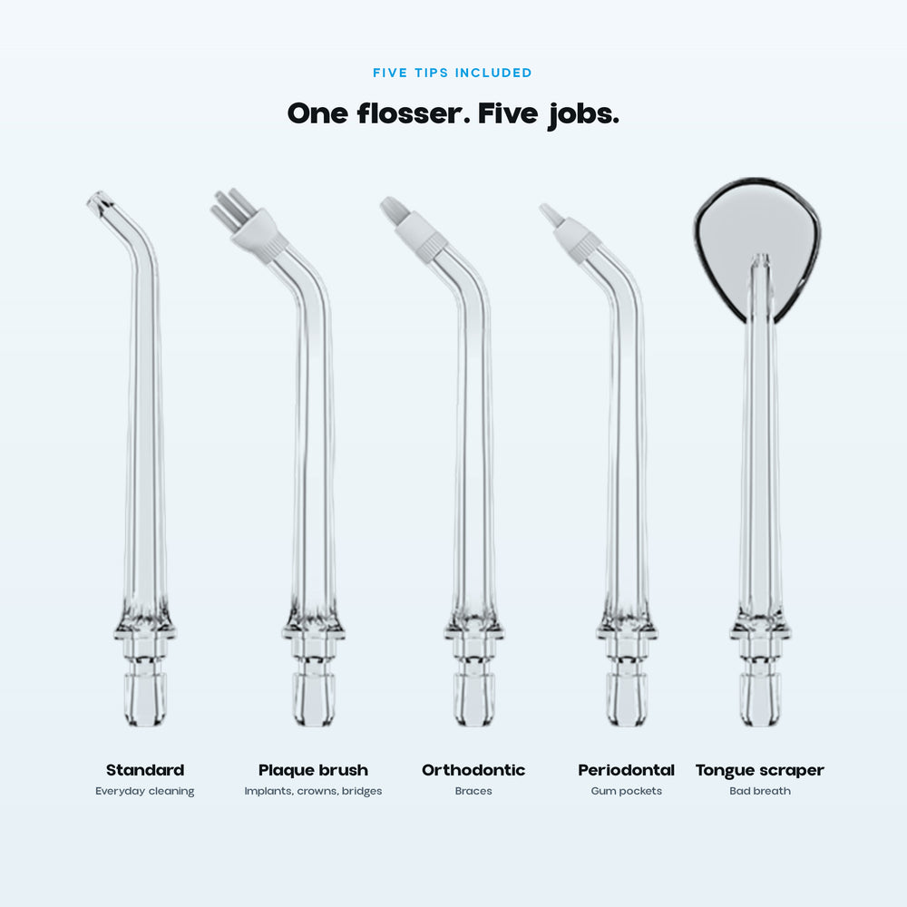 reboot R01 five flosser tips, standard plaque orthodontic periodontal tongue